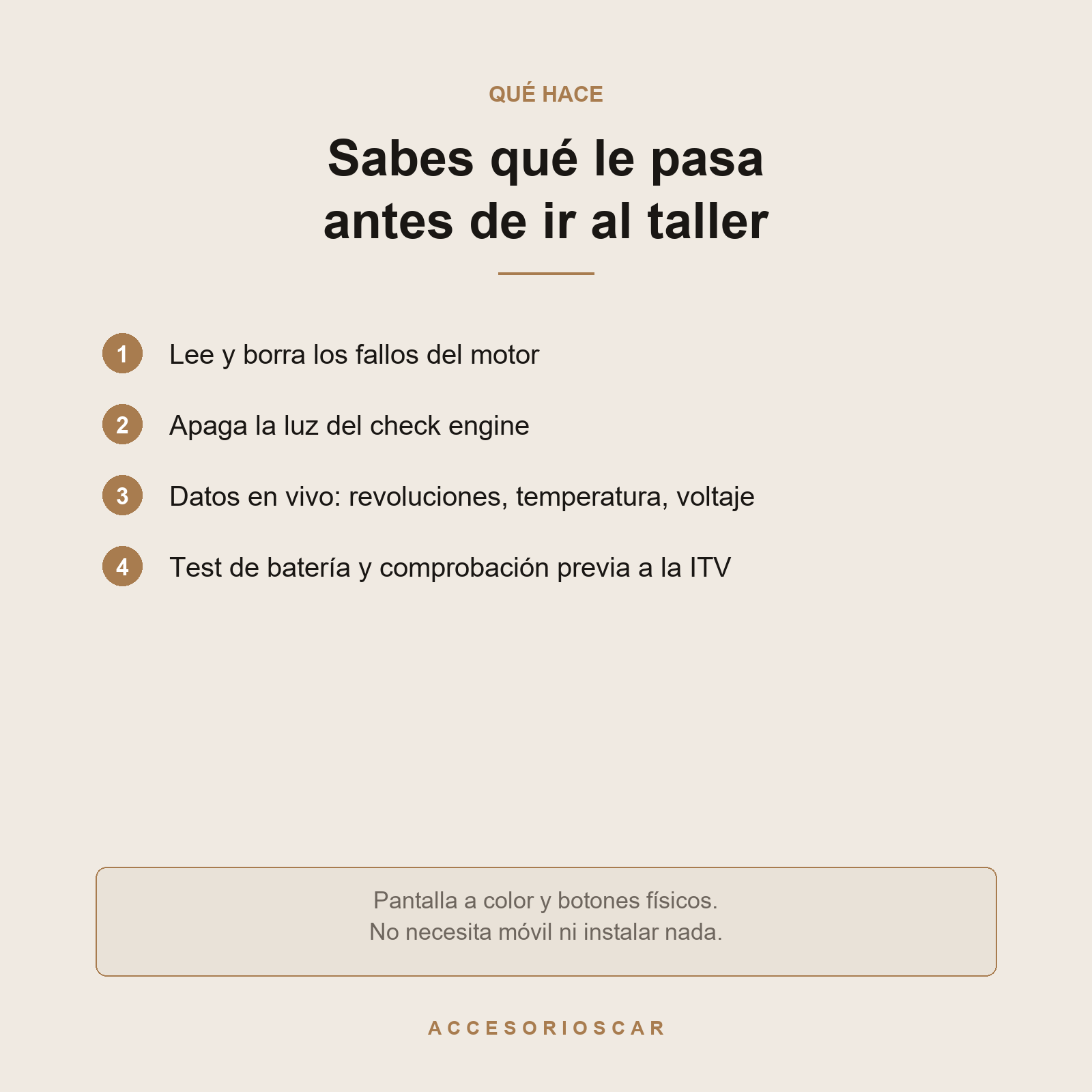 Qué hace: lee y borra fallos del motor, datos en vivo y test de batería