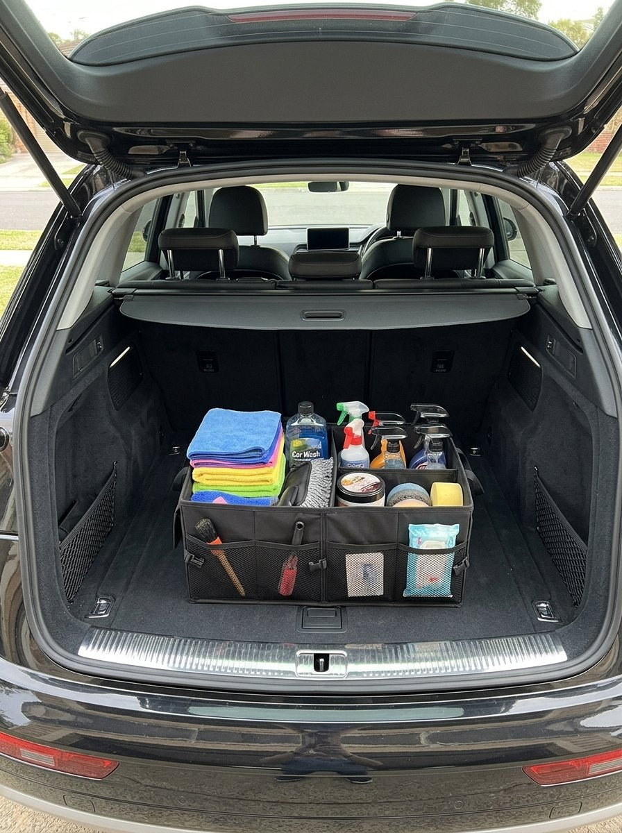 Organizador de maletero con productos de limpieza