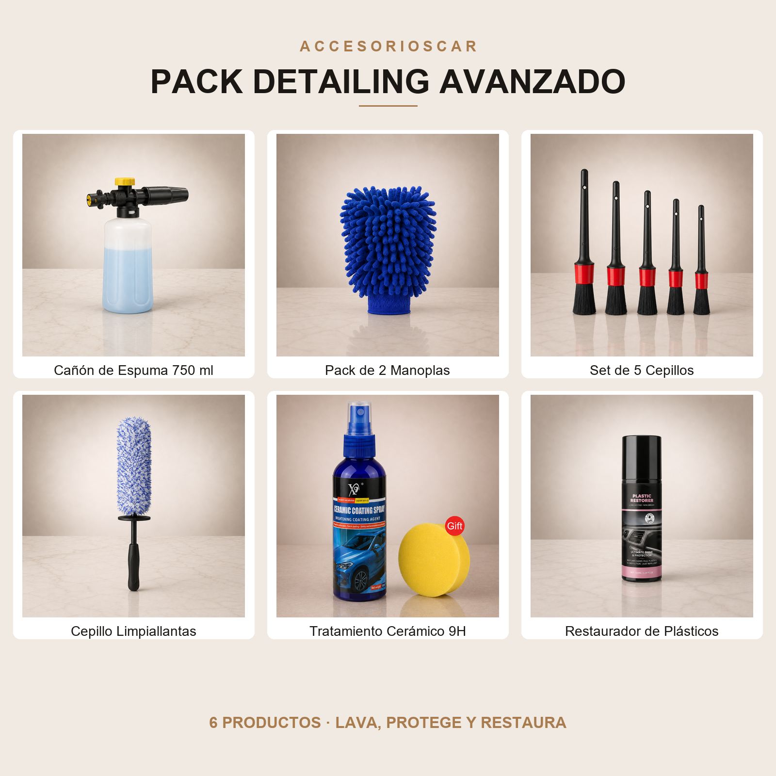 PACK Detailing Avanzado: cañón de espuma, 2 manoplas de microfibra, set de 5 cepillos, cepillo limpiallantas, tratamiento cerámico 9H y restaurador de plásticos
