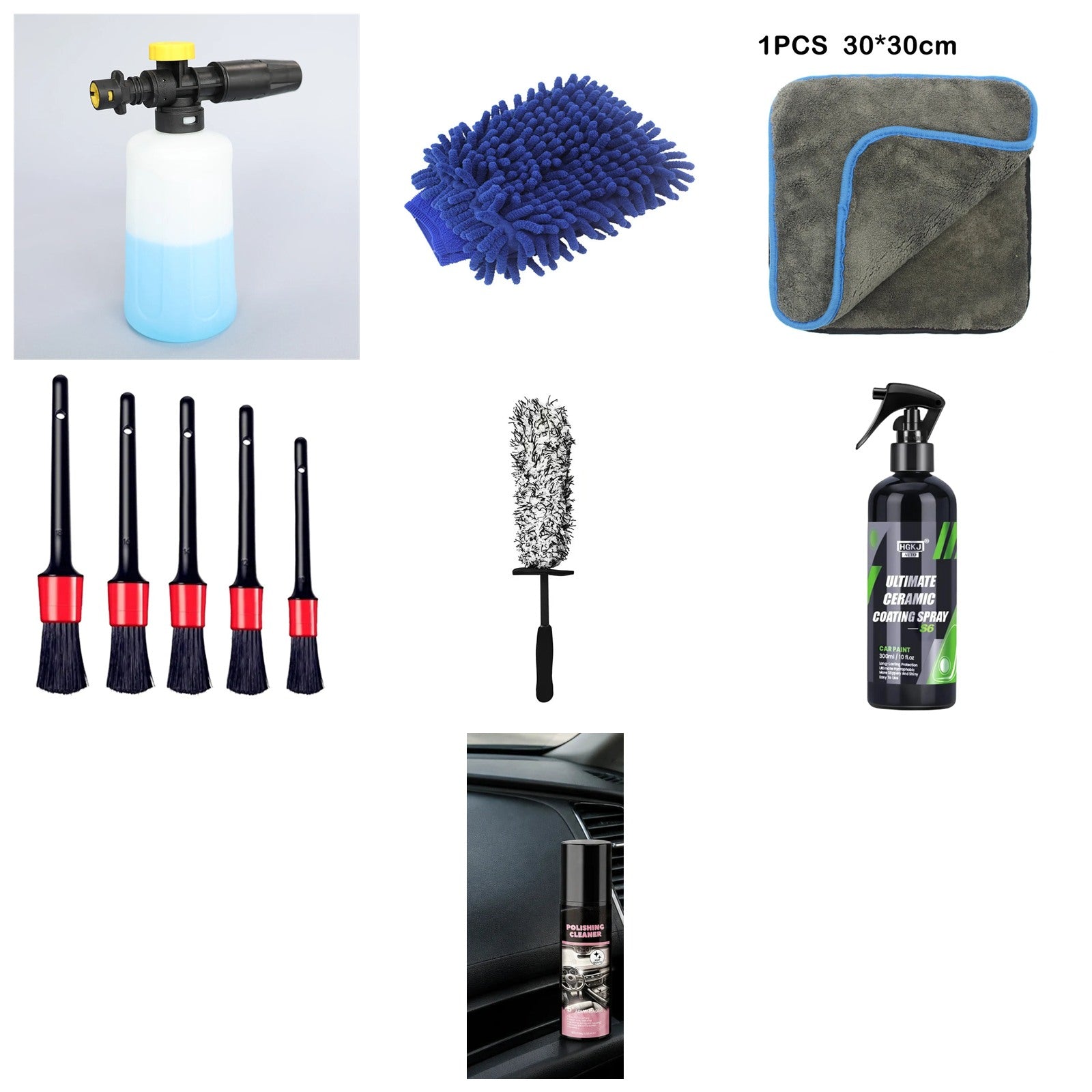 PACK Detailing Avanzado: canon de espuma, manopla, toalla, set de cepillos, cepillo limpiallantas, tratamiento ceramico y Radianceride