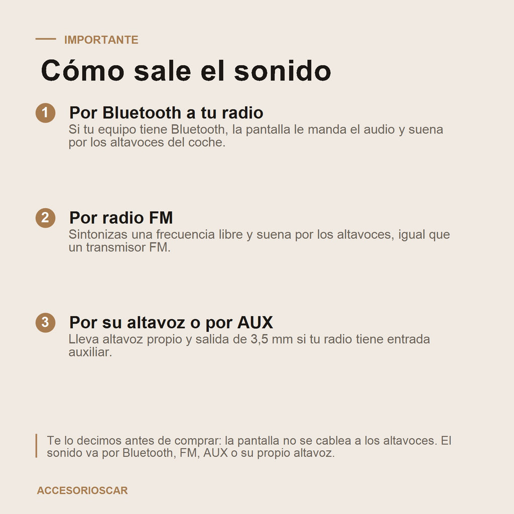 Como sale el sonido: por Bluetooth a tu radio, por radio FM, por su altavoz o por AUX