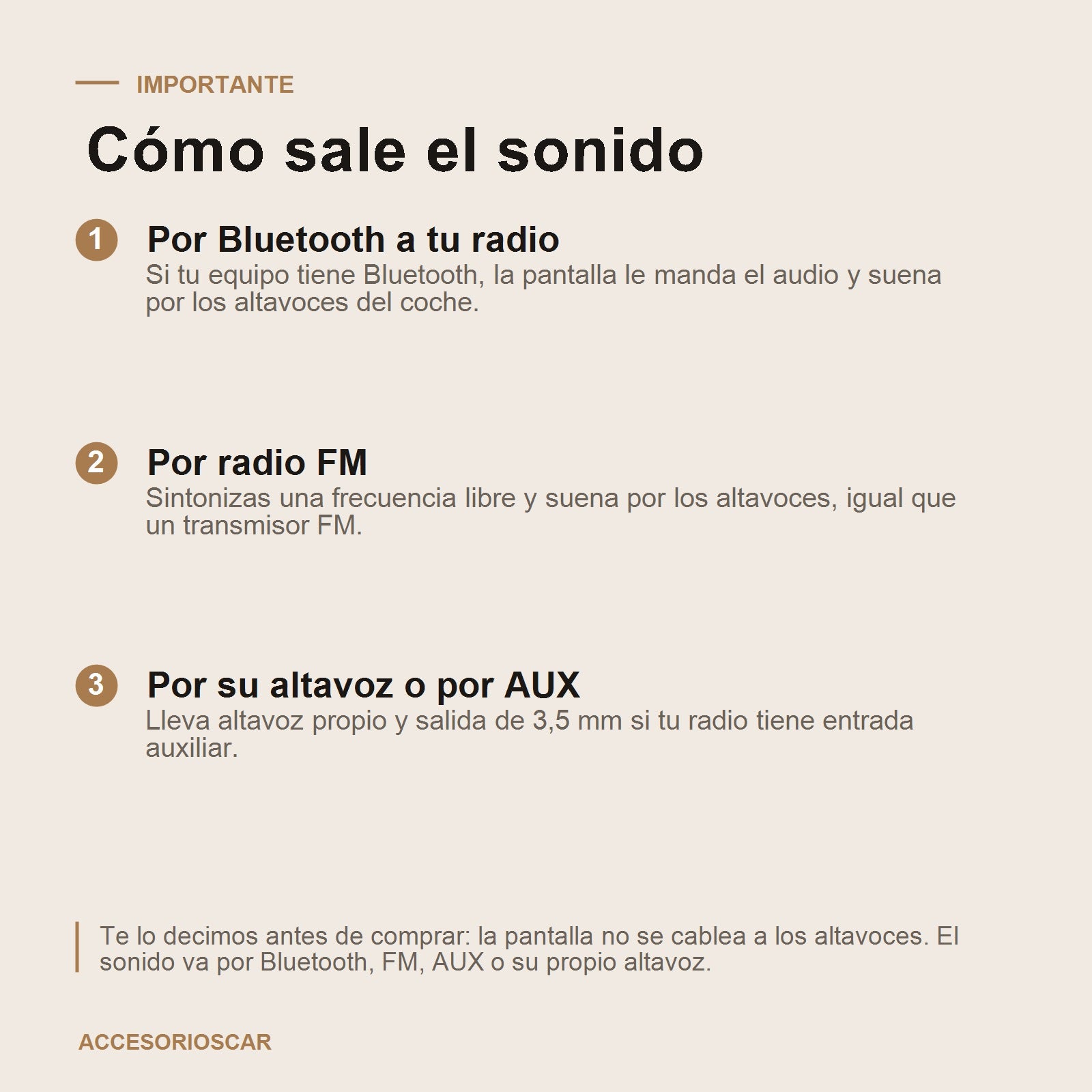 Como sale el sonido: por Bluetooth a tu radio, por radio FM, por su altavoz o por AUX
