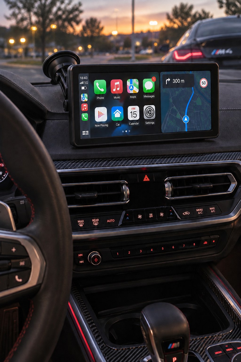 Pantalla portátil de 7" con CarPlay en el salpicadero de un BMW M4