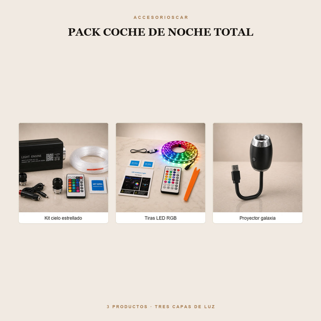 Pack Coche de Noche Total: kit de cielo estrellado, tiras LED RGB y proyector galaxia