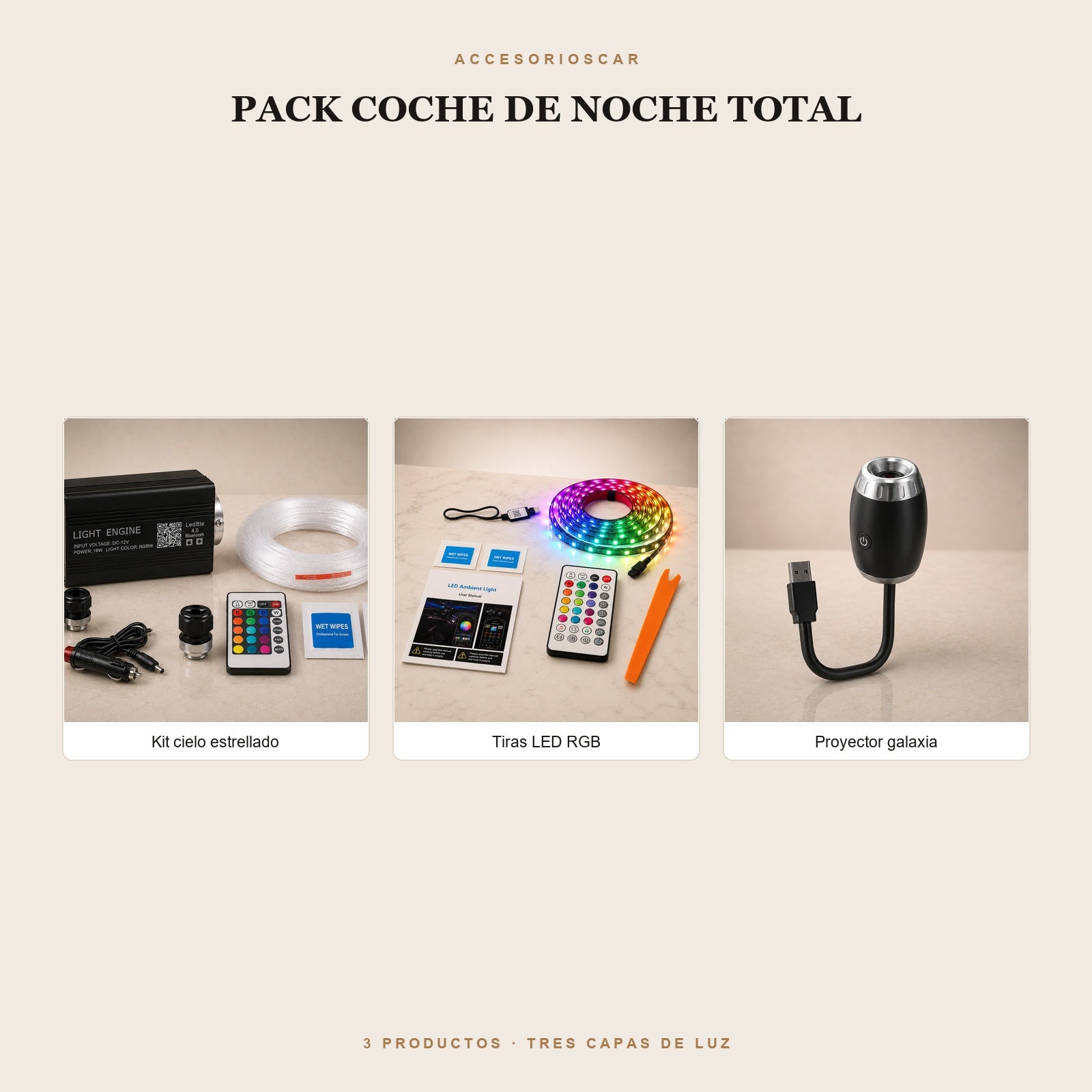Pack Coche de Noche Total: kit de cielo estrellado, tiras LED RGB y proyector galaxia