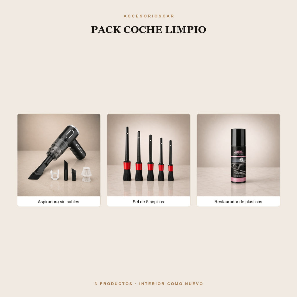 Pack Coche Limpio: aspiradora sin cables, set de 5 cepillos y restaurador de plásticos