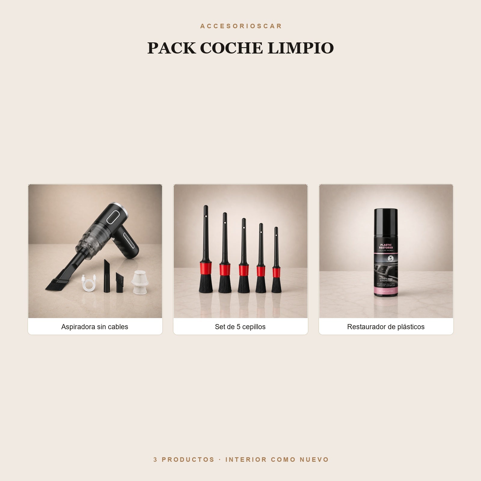 Pack Coche Limpio: aspiradora sin cables, set de 5 cepillos y restaurador de plásticos