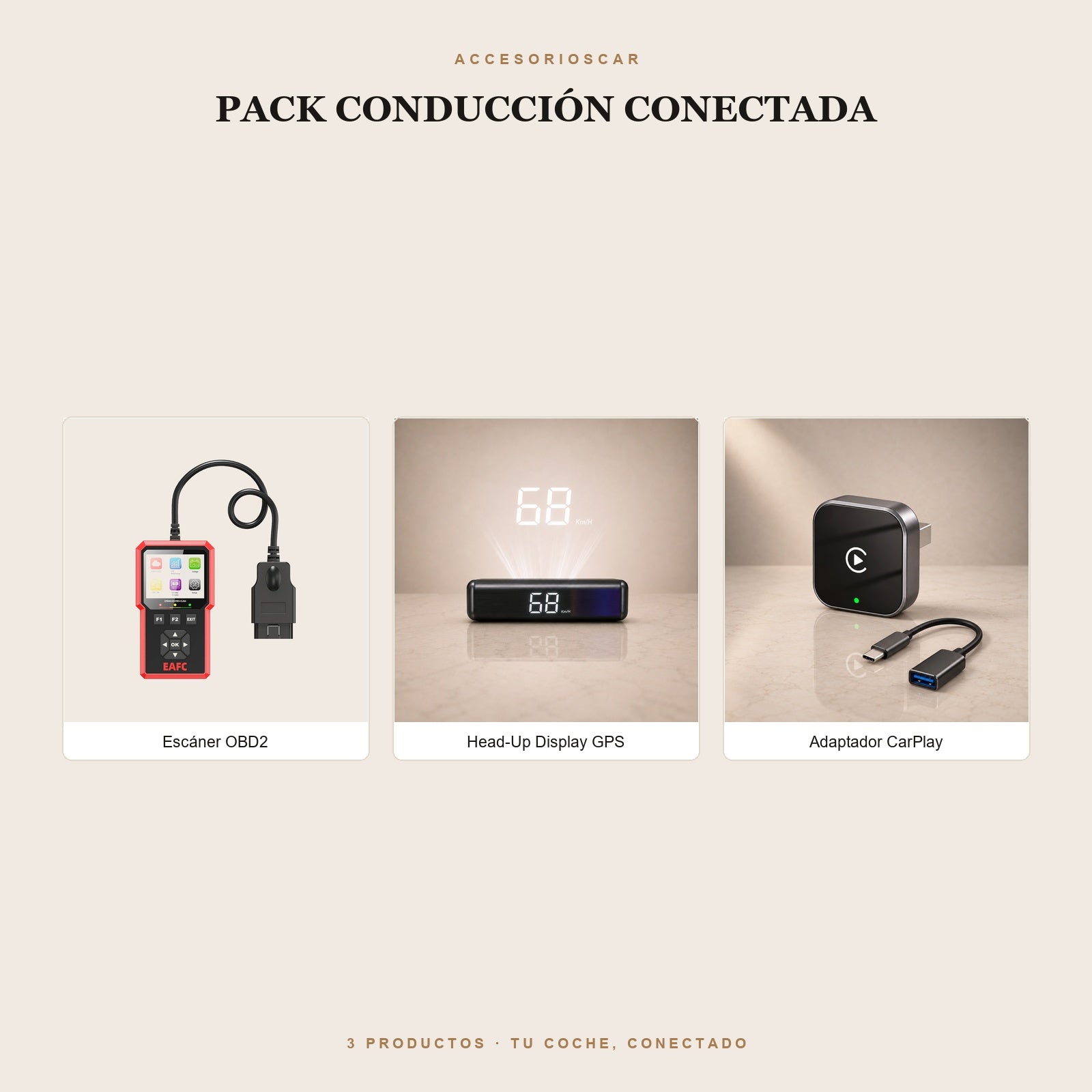 Pack Conducción Conectada: escáner OBD2, Head-Up Display GPS y adaptador CarPlay inalámbrico