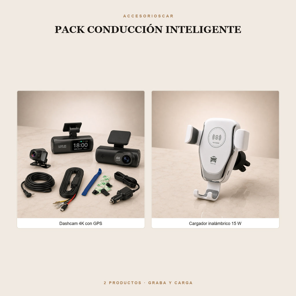 Pack Conducción Inteligente: dashcam 4K con GPS y cargador inalámbrico de 15 W
