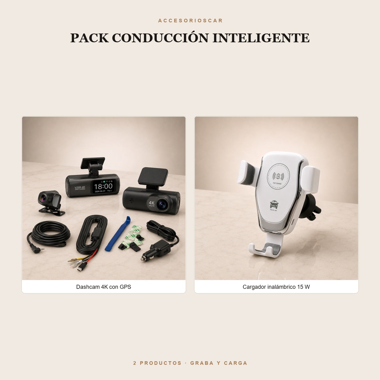 Pack Conducción Inteligente: dashcam 4K con GPS y cargador inalámbrico de 15 W