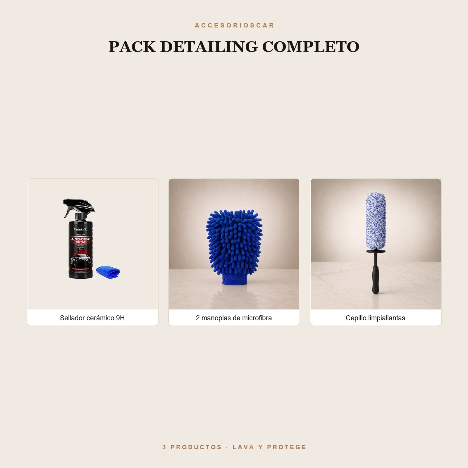 Pack Detailing Completo: sellador cerámico 9H, 2 manoplas de microfibra y cepillo limpiallantas