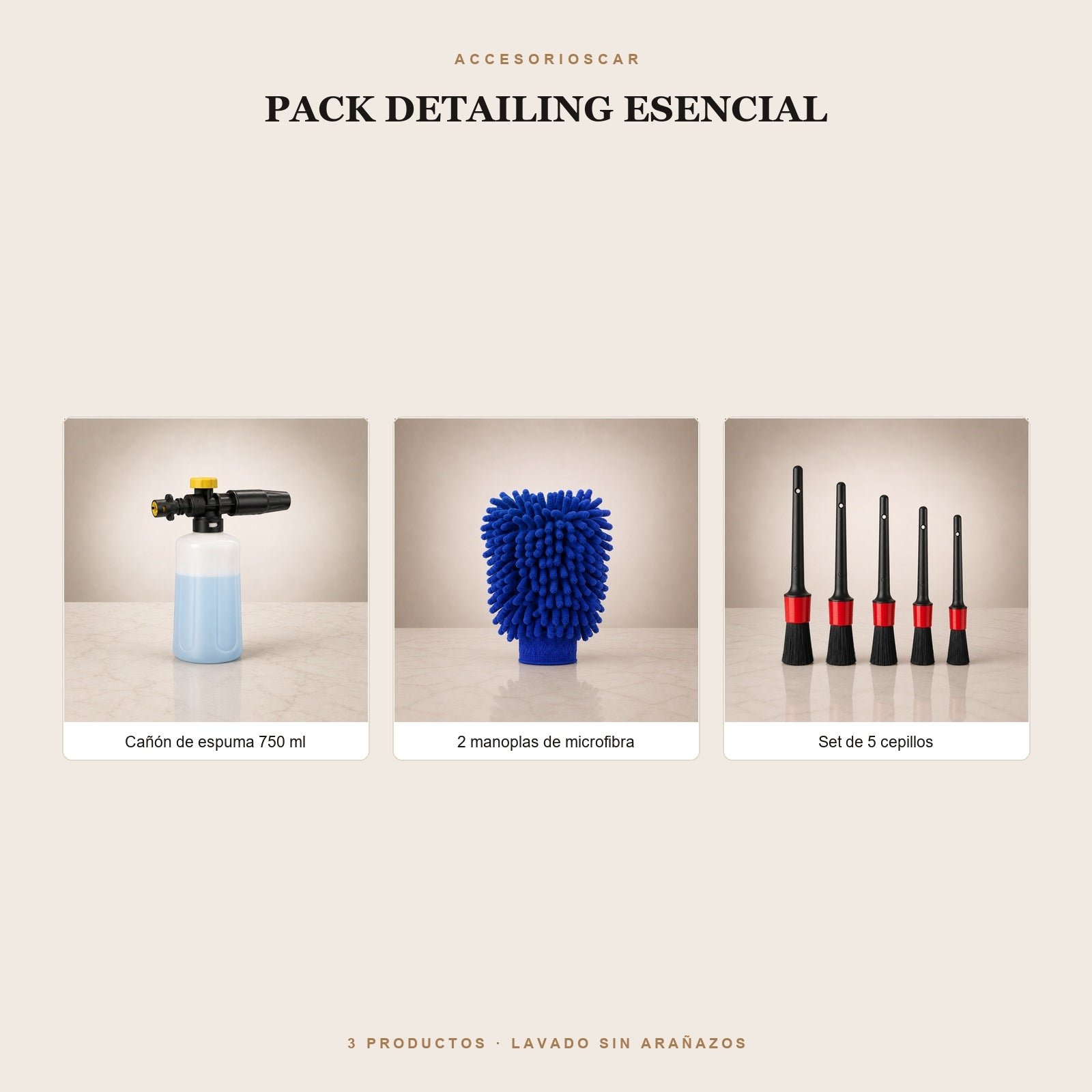 Pack Detailing Esencial: cañón de espuma de 750 ml, 2 manoplas de microfibra y set de 5 cepillos