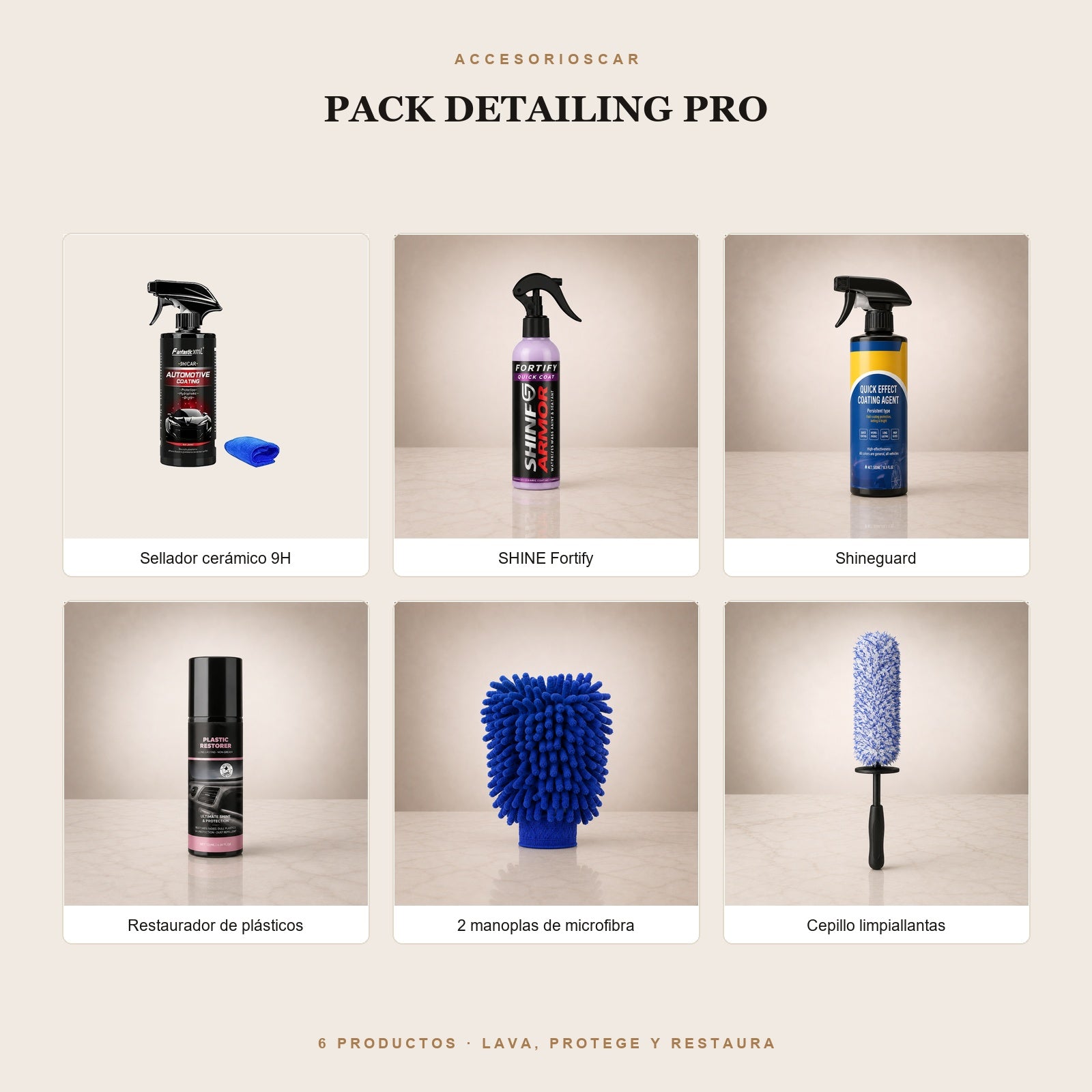 Pack Detailing PRO: sellador cerámico 9H, SHINE Fortify, Shineguard, restaurador de plásticos, 2 manoplas y cepillo limpiallantas