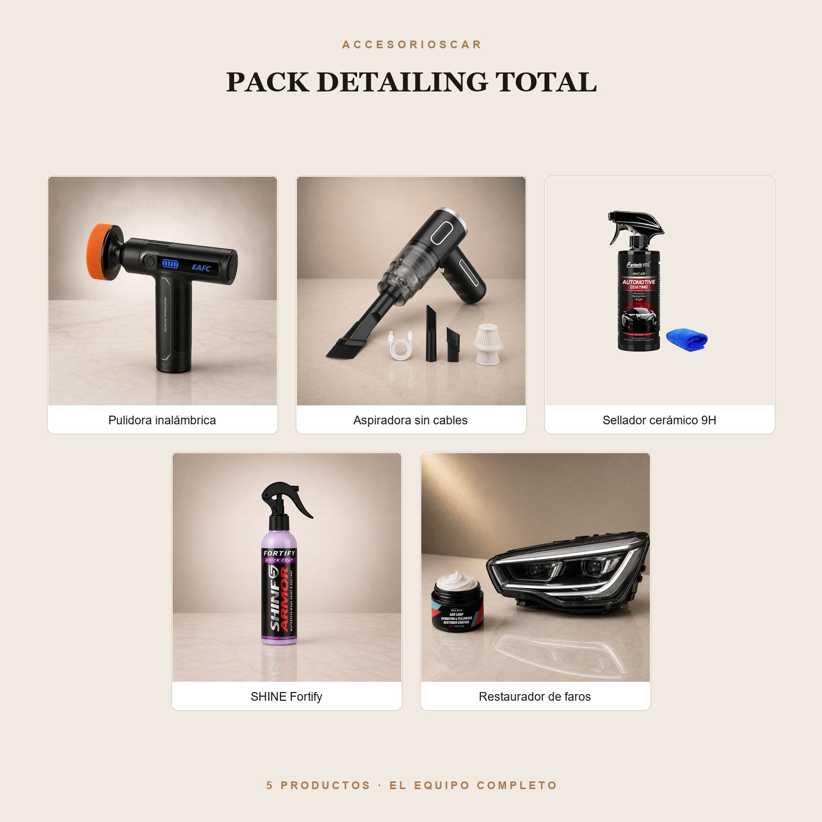 Pack Detailing Total: pulidora, aspiradora sin cables, sellador cerámico 9H, SHINE Fortify y restaurador de faros