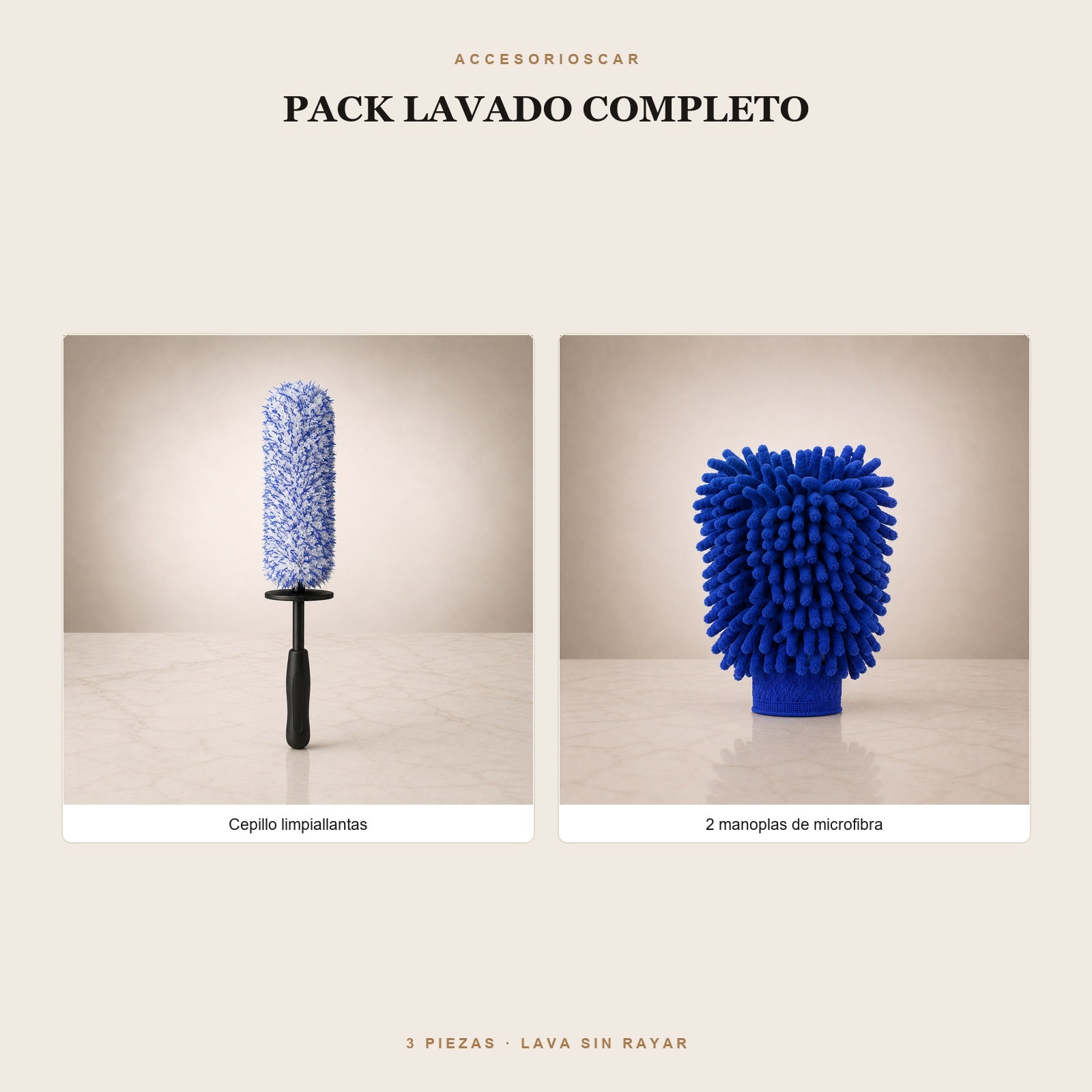 Pack Lavado Completo: cepillo limpiallantas y 2 manoplas de microfibra