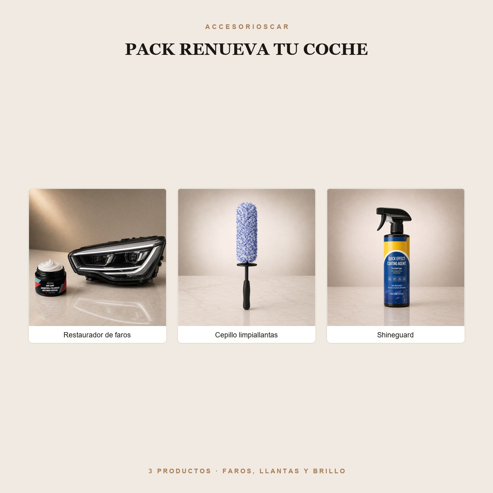 Pack Renueva tu Coche: restaurador de faros, cepillo limpiallantas y Shineguard