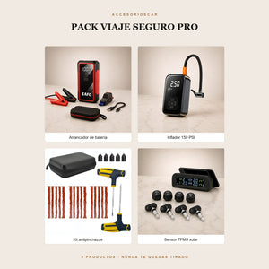 Pack Viaje Seguro PRO: arrancador de batería, inflador 150 PSI, kit antipinchazos y sensor TPMS solar