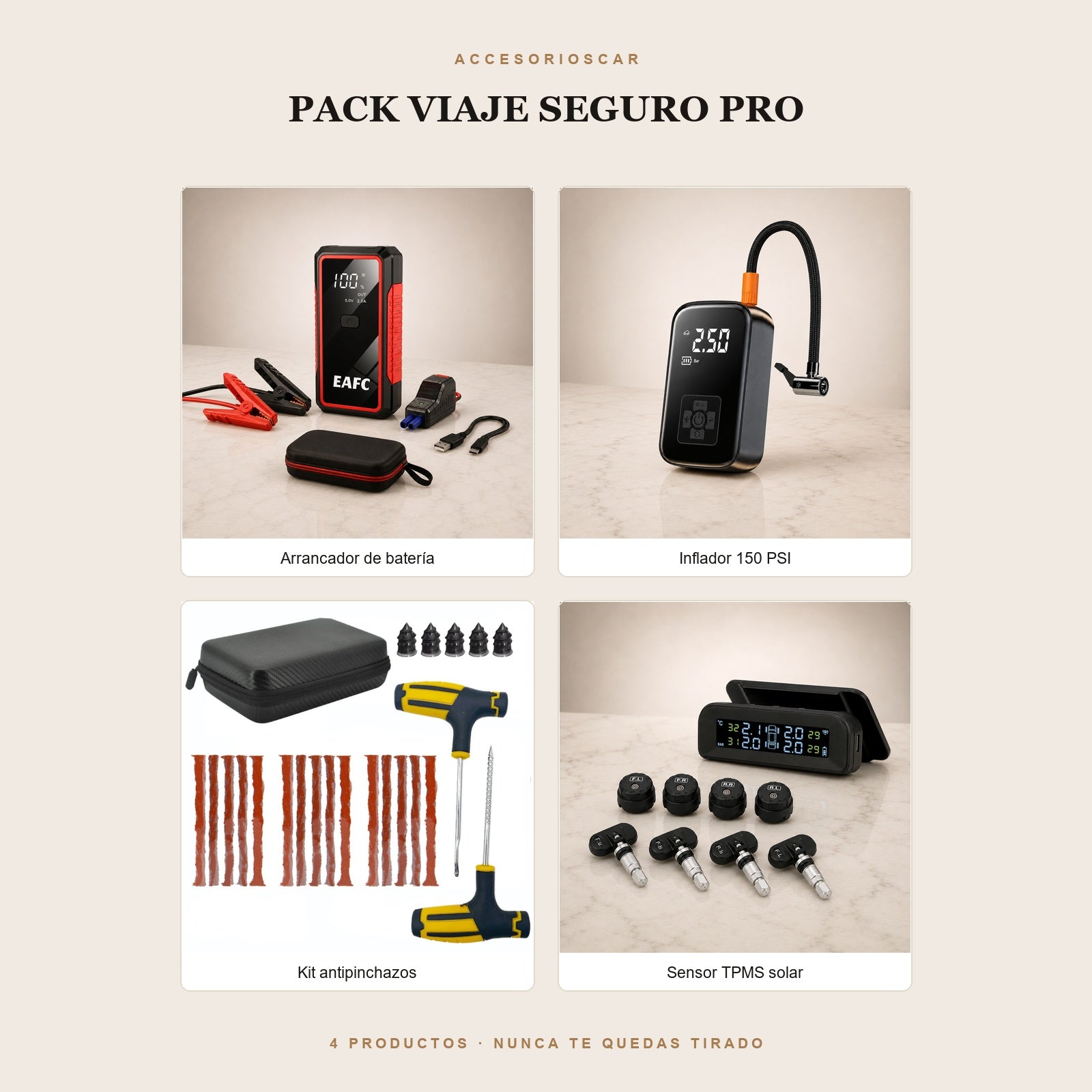 Pack Viaje Seguro PRO: arrancador de batería, inflador 150 PSI, kit antipinchazos y sensor TPMS solar