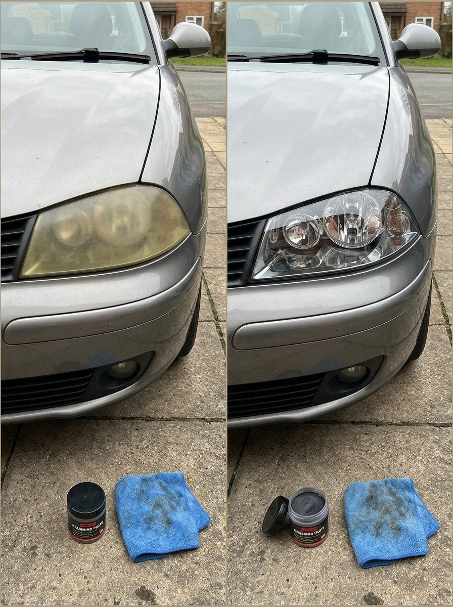 Faro amarillento antes y faro transparente después del restaurador