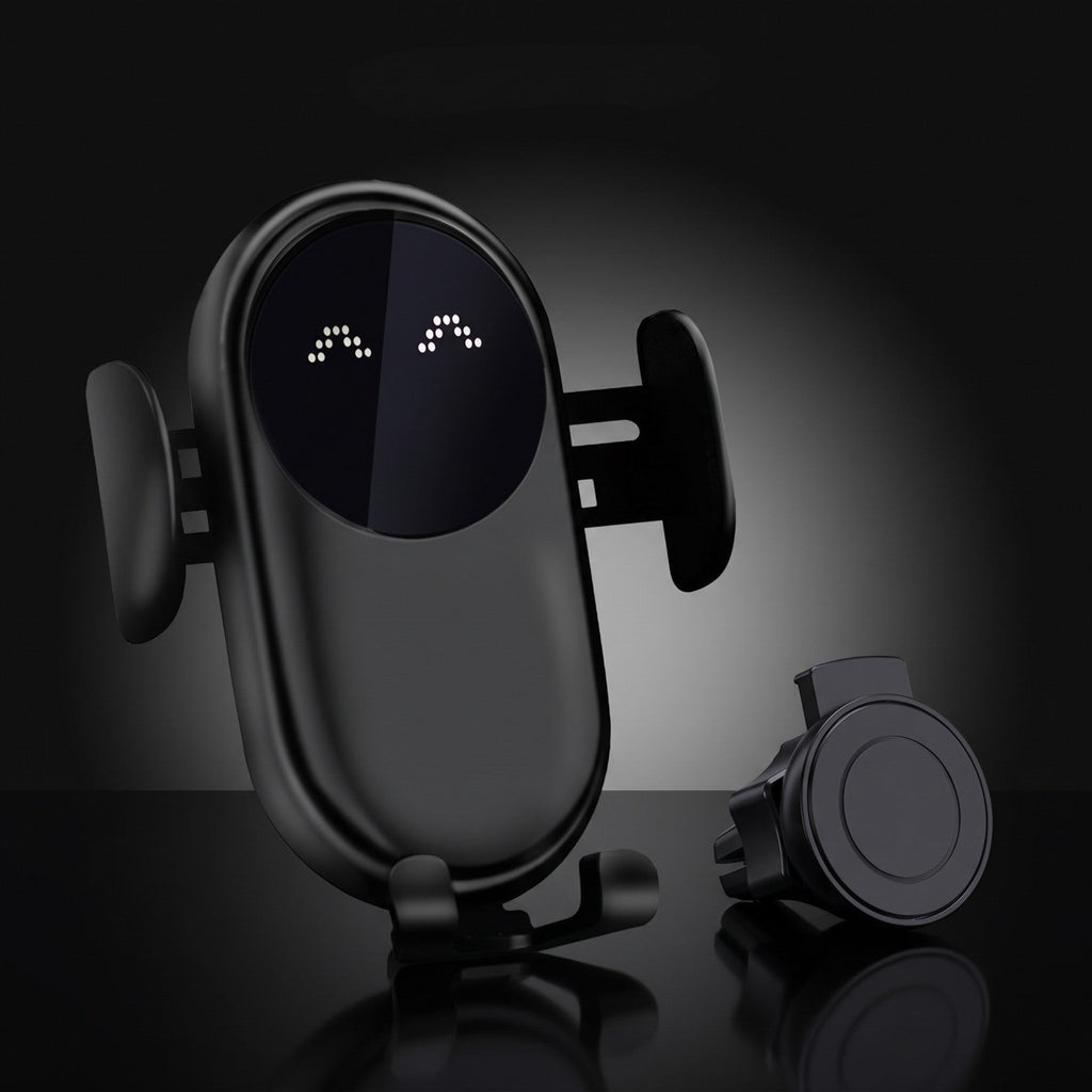Cargador inalámbrico de coche 15 W negro con sensor infrarrojo y clip de rejilla