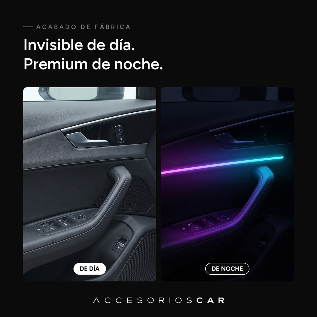 La tira de luz invisible de día y encendida de noche en la puerta