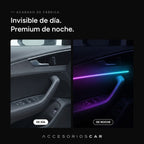 La tira de luz invisible de día y encendida de noche en la puerta
