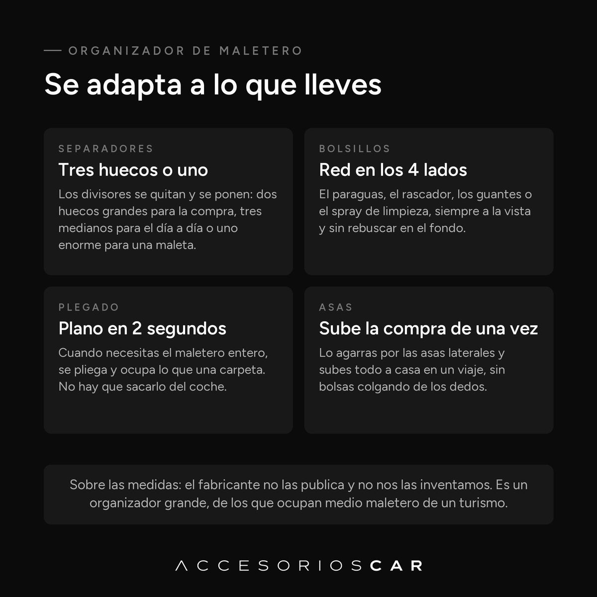 Separadores, bolsillos, plegado y asas del organizador de maletero