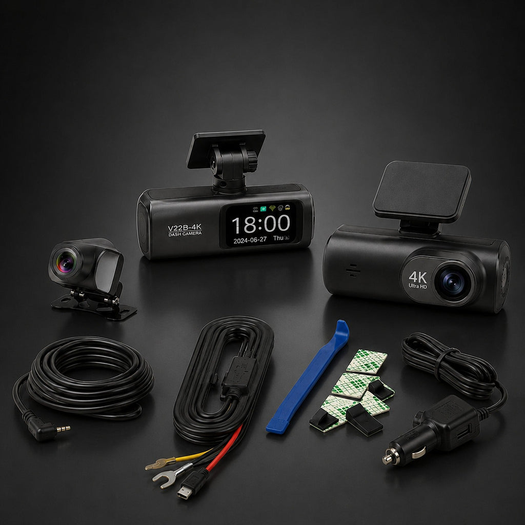 Dashcam 4K de doble lente con cámara trasera y accesorios
