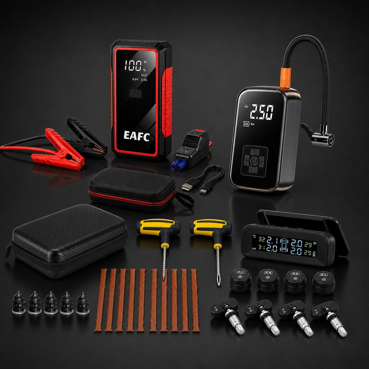 Pack Viaje Seguro PRO: arrancador, inflador, kit antipinchazos y sensor TPMS